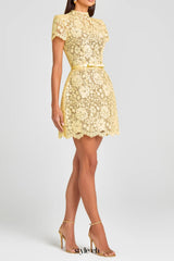 hollow lace bow belt mini dress in yellow