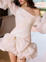 Apricot Ruffle Diagonal Long Sleeve Mini Dress