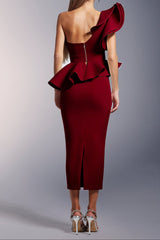 Luysa One Shoulder Asymmetry Red Midi Set