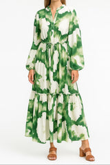 letitia Lantern sleeve printed lapel maxi dress in green