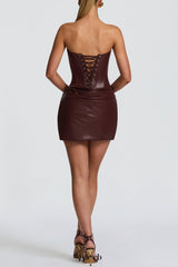 Zaire Strapless Corset Leather Mini Dress - Wine
