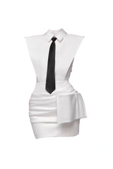 White Bowknot Mini Dress With Necktie