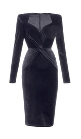 BLACK VELVET SATIN V-NECK DRESS