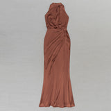 HALTER NECK RUCHED SATIN PROM DRESS