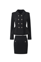 Textured knit jacket skirt suit in black