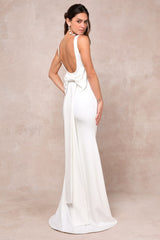 white bow square neck backless maxi dress