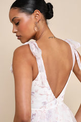 Floral Embroidered Tie-Strap Midi Dress in white