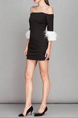 nicole strapless feather sleeve mini dress in black