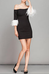 nicole strapless feather sleeve mini dress in black