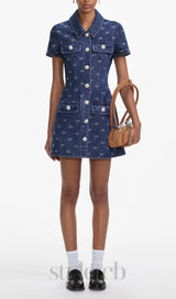Denim Diamante Bow Collared Mini Dress