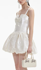 CREAM SEQUIN BOW MINI DRESS