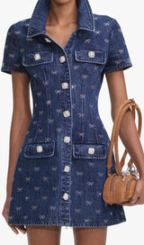 Denim Diamante Bow Collared Mini Dress