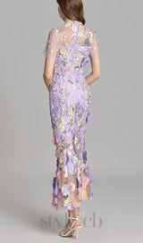 FLORAL EMBROIDERY MESH FISHTAIL MIDI DRESS IN PURPLE