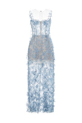 BLUE BEADED LACE PENCIL MIDI DRESS