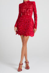 sherry Long-sleeved zippered lace mini dress in red