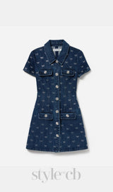 Denim Diamante Bow Collared Mini Dress