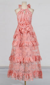 halter flower rruffle maxi dress in pink