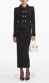 BLACK TEXTURED KNIT PEPLUM MIDI DRESS