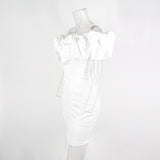 SATIN RUFFLE STRAPLESS DRESS IN WHITE