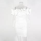 SATIN RUFFLE STRAPLESS DRESS IN WHITE