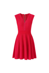 v-neck sleeveless flared knit mini dress in red