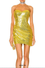 hedwig sequin pleated strapless mini dress in gold