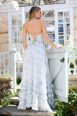 yvonne rhinestone embellished print layer maxi Dress  in Victorian Blue Roses