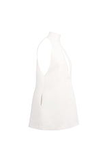 v-neck cutout backless crepe halter dress - white