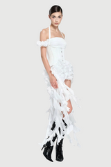 elva halter three-dimensional flower irregular tassel mini dress in white