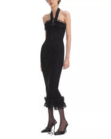 Knit Zip Ruffle Midi Dress in black