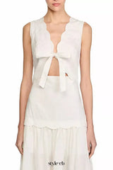 Scallop trim V-neck Crinkled Maxi Dress in ecru