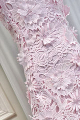 Close-up of pink lace fabric against a white background