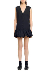 Button Front Bubble Hem mini Dress in black