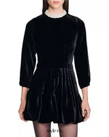 sheila Beaded Velvet puffy mini Dress in black
