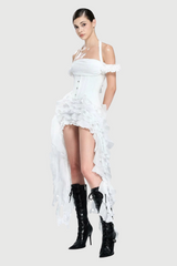 elva halter three-dimensional flower irregular tassel mini dress in white