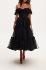 Black Ruffled Tulle Midi Dress