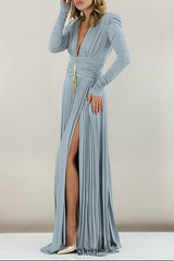 meroy Deep V puff sleeve pleated maxi dress in pale blue