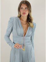 meroy Deep V puff sleeve pleated maxi dress in pale blue