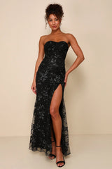 Sequin print Strapless Bustier Maxi Dress in black