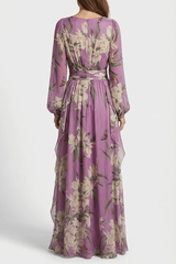 phoenix v-neck floral print puff sleeve maxi dress in purple
