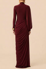 liz High Neck Asymmetric Drape ruched Maxi Dress in burgundy