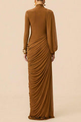 liz High Neck Asymmetric Drape ruched Maxi Dress in brown
