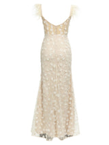 PENNY APRICOT FLORAL FEATHER EMBELLISH BODYCON MAXI DRESS