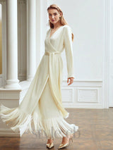 belted satin fringe-hem dress in beige