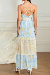 Floral Print Cami backless V Neck A Line maxi Dress - blue