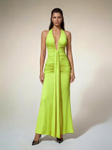 Alyshea Halterneck Ruched Maxi Dress In Neon Yellow