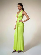 Alyshea Halterneck Ruched Maxi Dress In Neon Yellow
