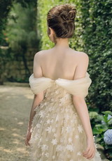 sabrina flower embellished strapless maxi dress in beige