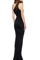 one-shoulder sleeveless ruched bodycon maxi dress in black