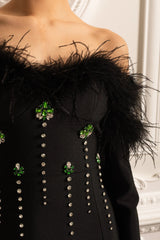 lara sequin high slit Feather Adorned maxi Dress - Black